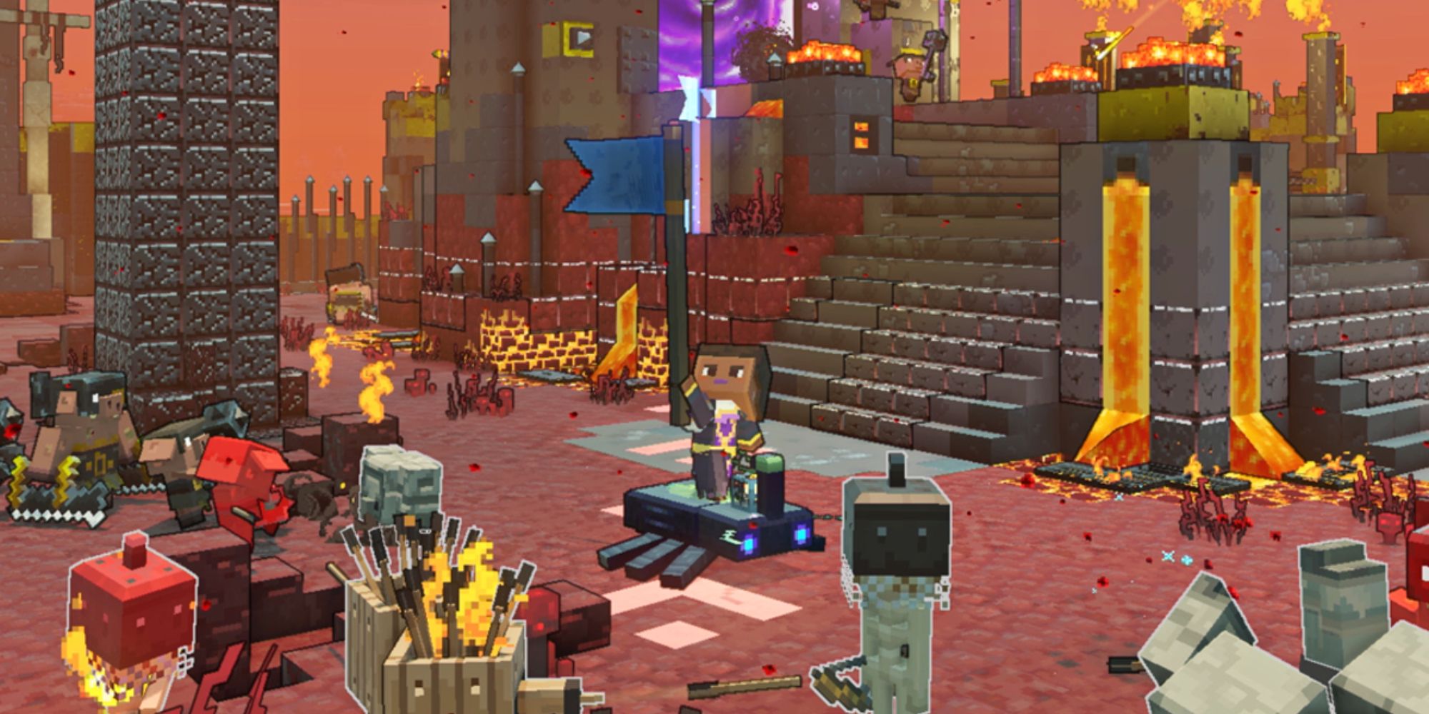 An image from a battlefield in Minecraft Legends. The playable character is riding the unlockable Brilliant Beetle mount, which is perfect for combat scenarios. 
