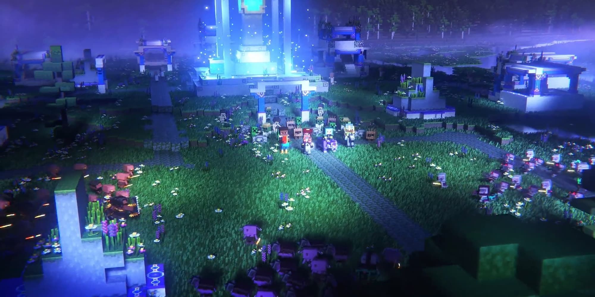 Four heroes in front of the Well of Fate are being pushed by a large wave of piglins from multiple sides in Minecraft Legends.