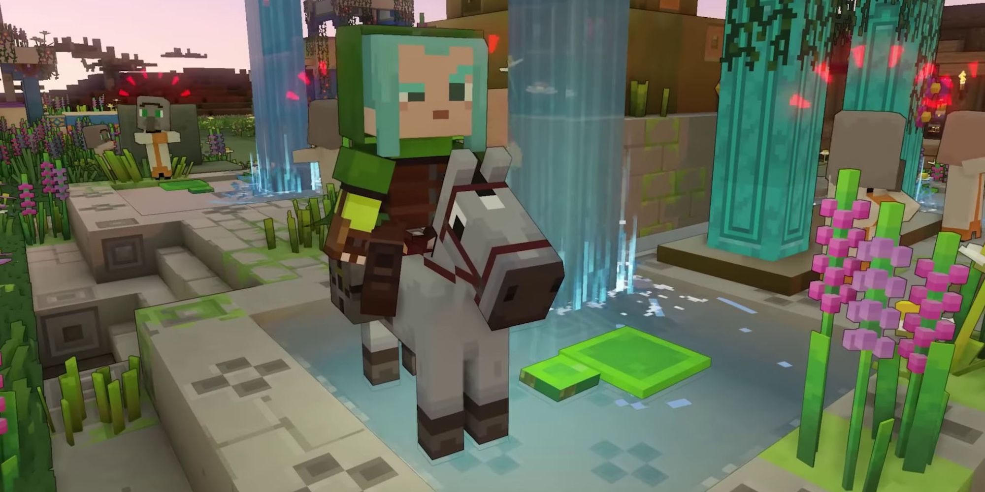 A photo of the main character from Minecraft Legends riding a gray horse, the starter mount in the game. 