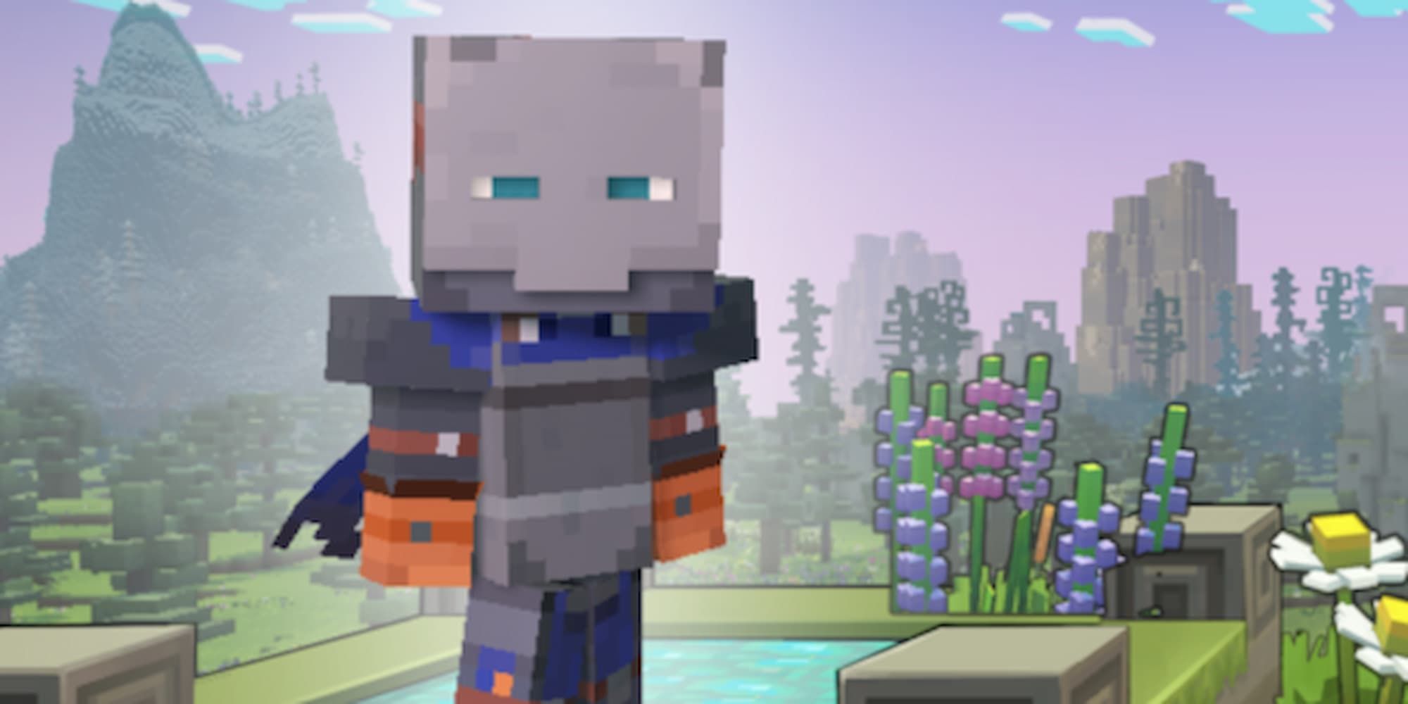 The generic hero in Minecraft Legends stands near a pool and a field.