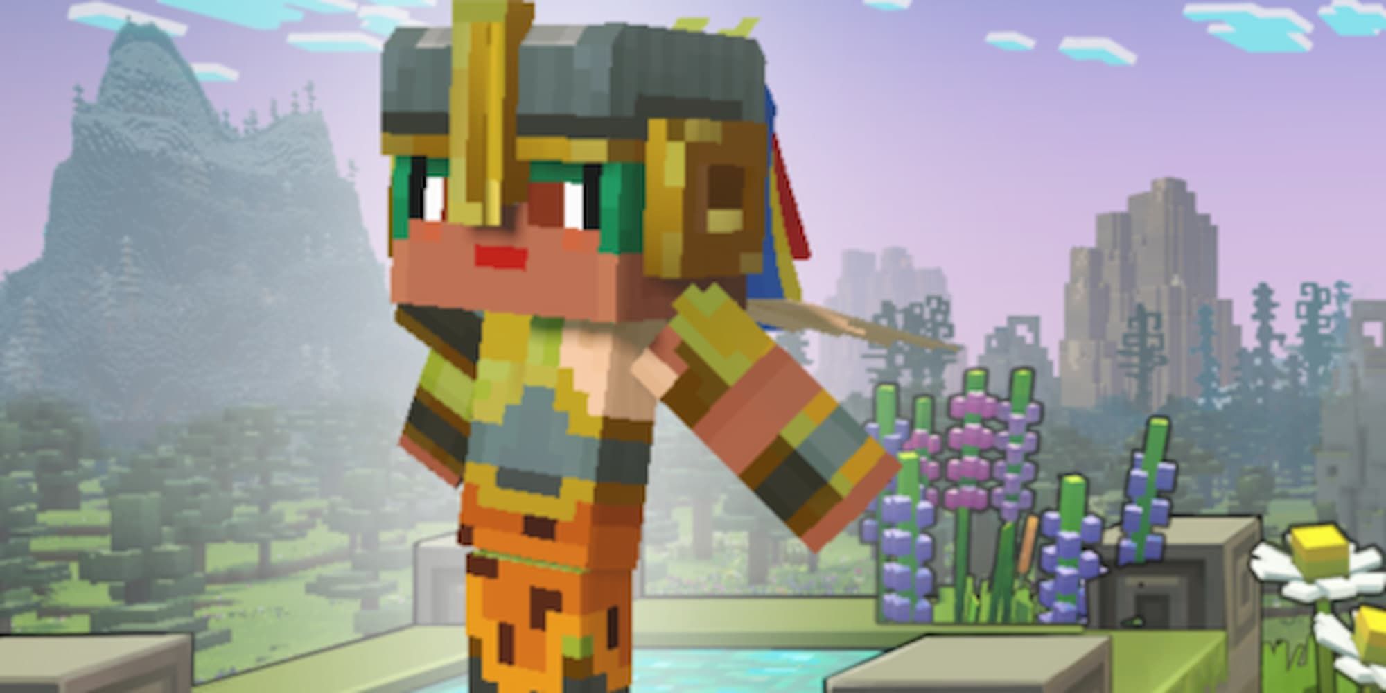The Minecraft Legends hero with the golden color scheme and helmet stands on the hero selection screen.