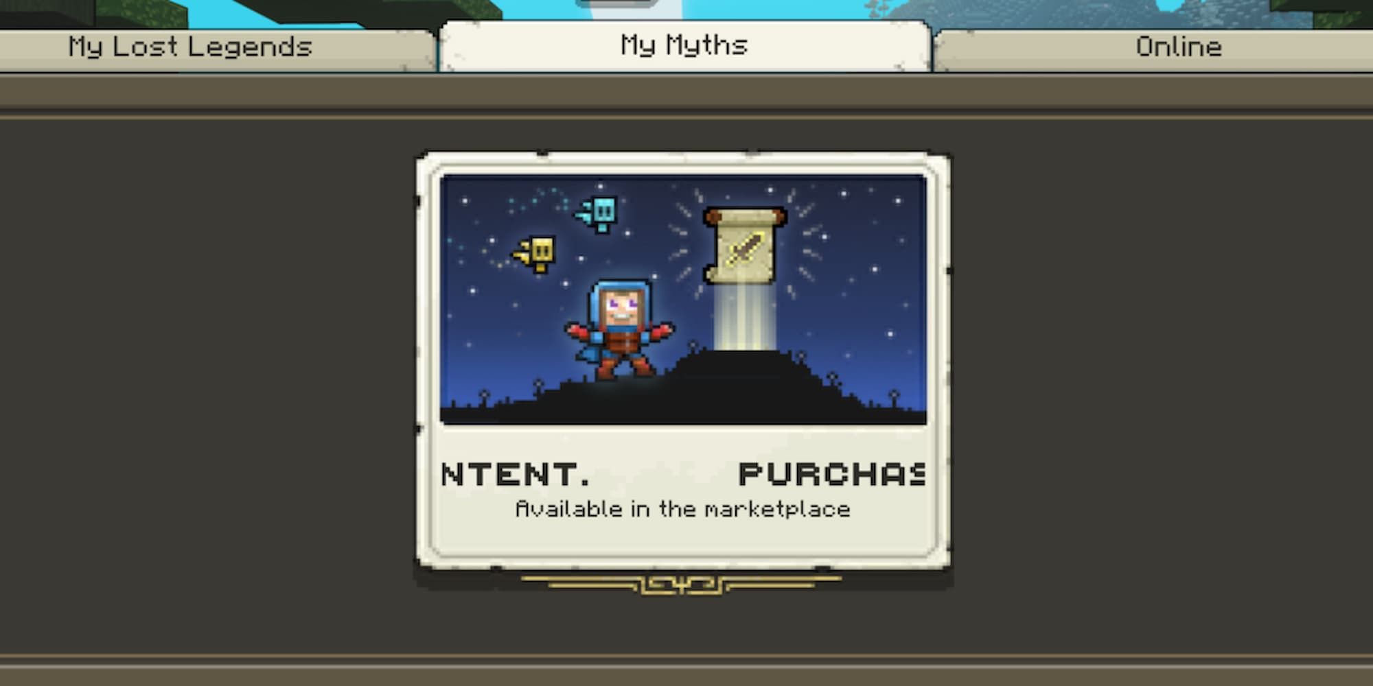 The My Myths tab in Minecraft Legends shows what Myths you own or lets you head to the Marketplace to purchase one.