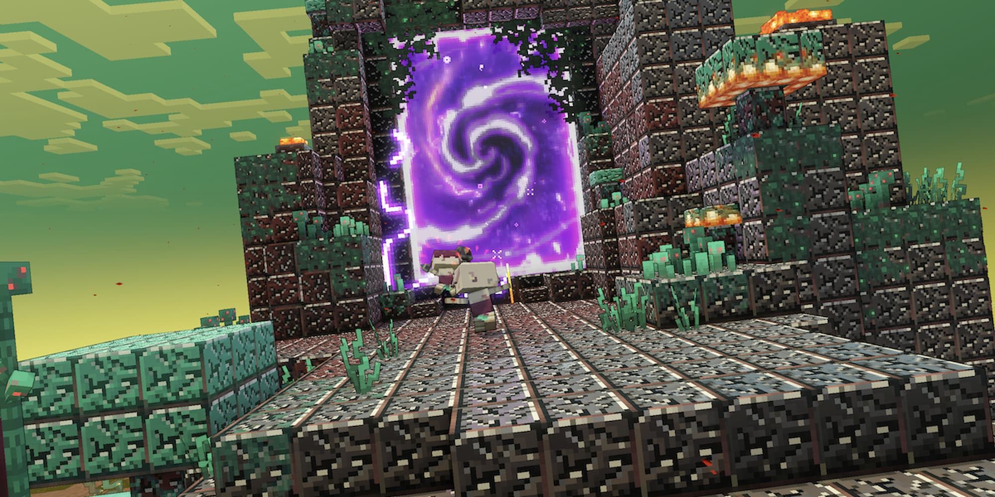 Piglins rush to a Nether portal before it explodes in Minecraft Legends.
