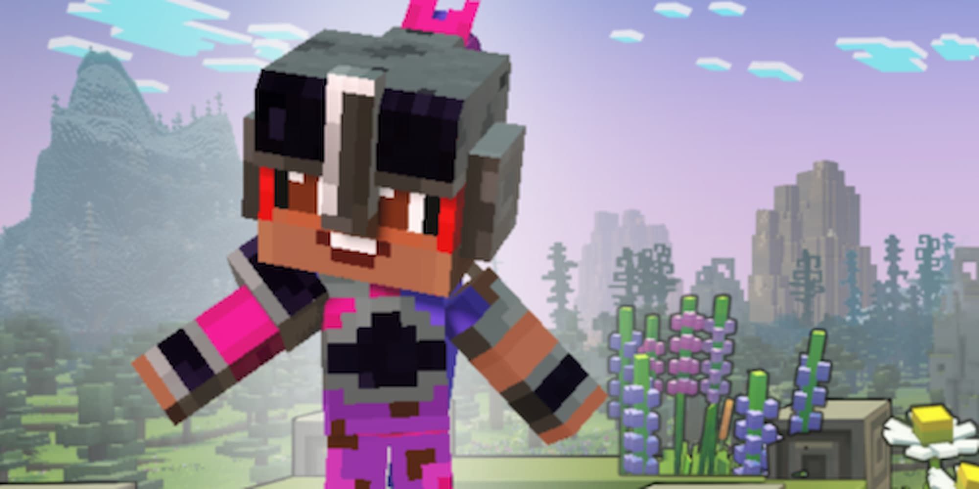 This Minecraft Legends hero has a dark gray helmet, but has an outfit with varying shades of pink.