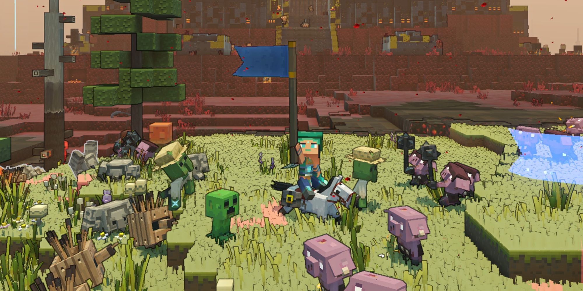 Minecraft Legends player character with a flag to summon followers
