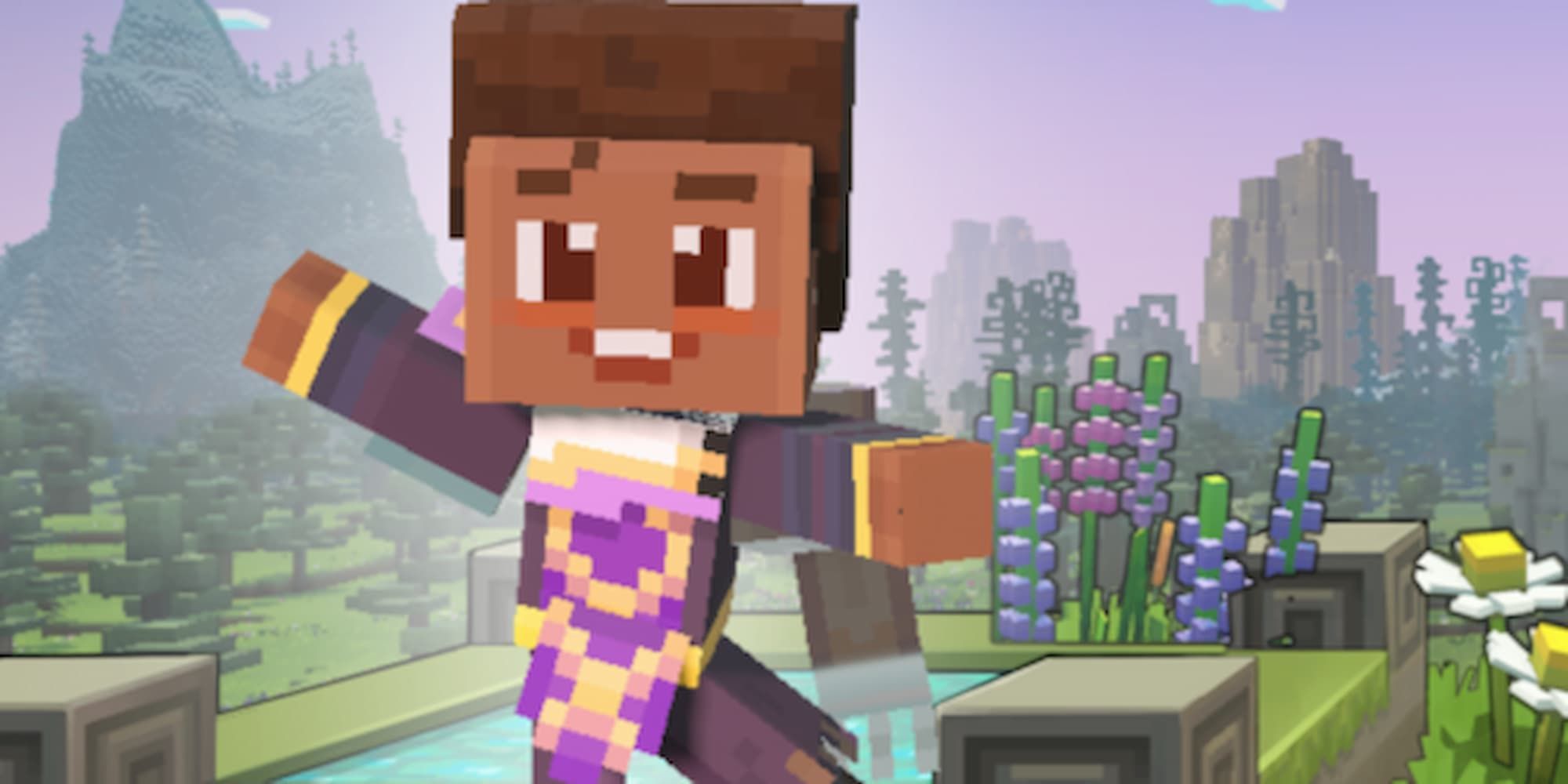 The purple and yellow colored Minecraft Legends hero stands with their arms out and a huge smile.