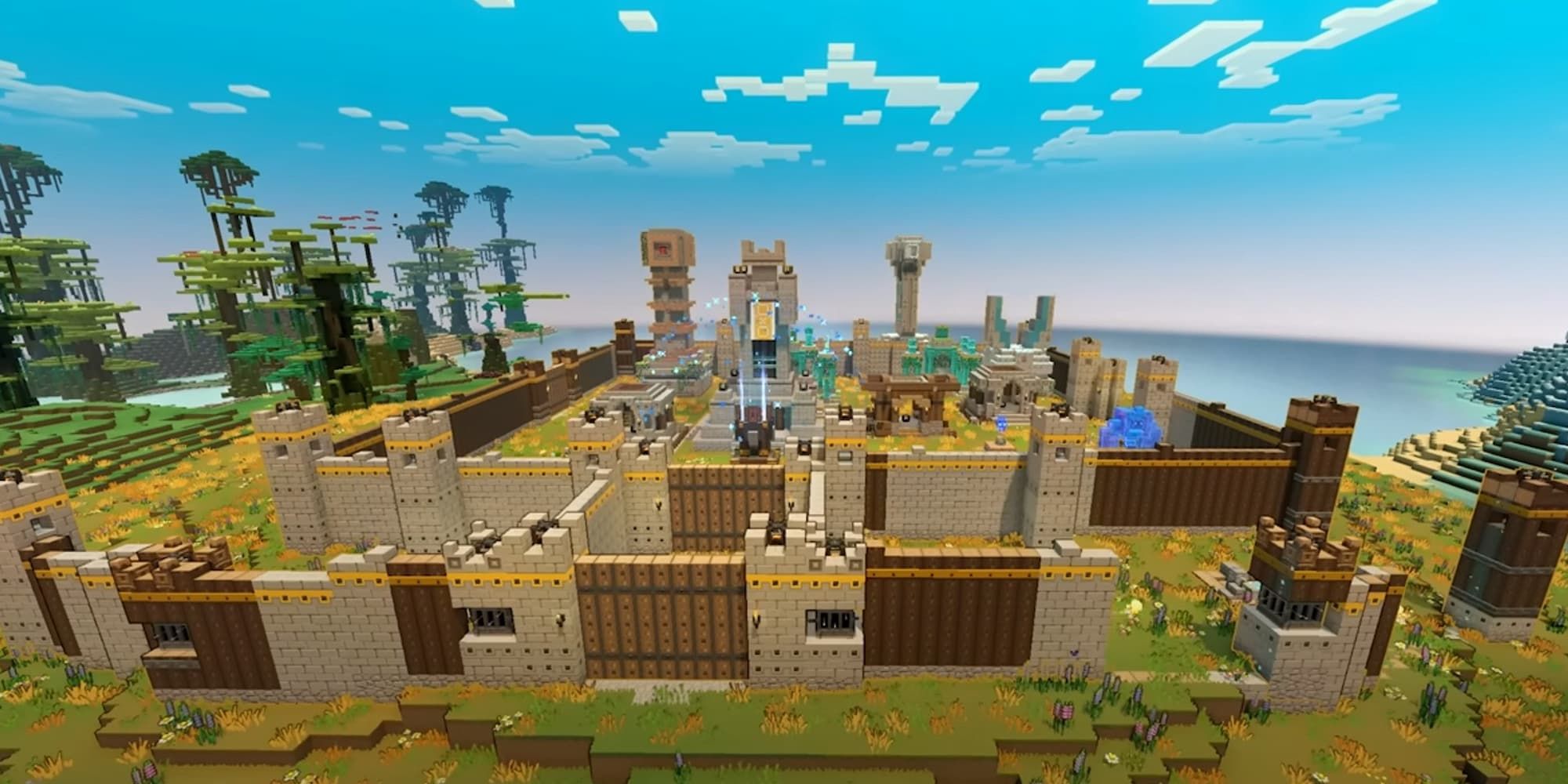 A player has built a massive defensive fort in the PVP mode of Minecraft Legends.