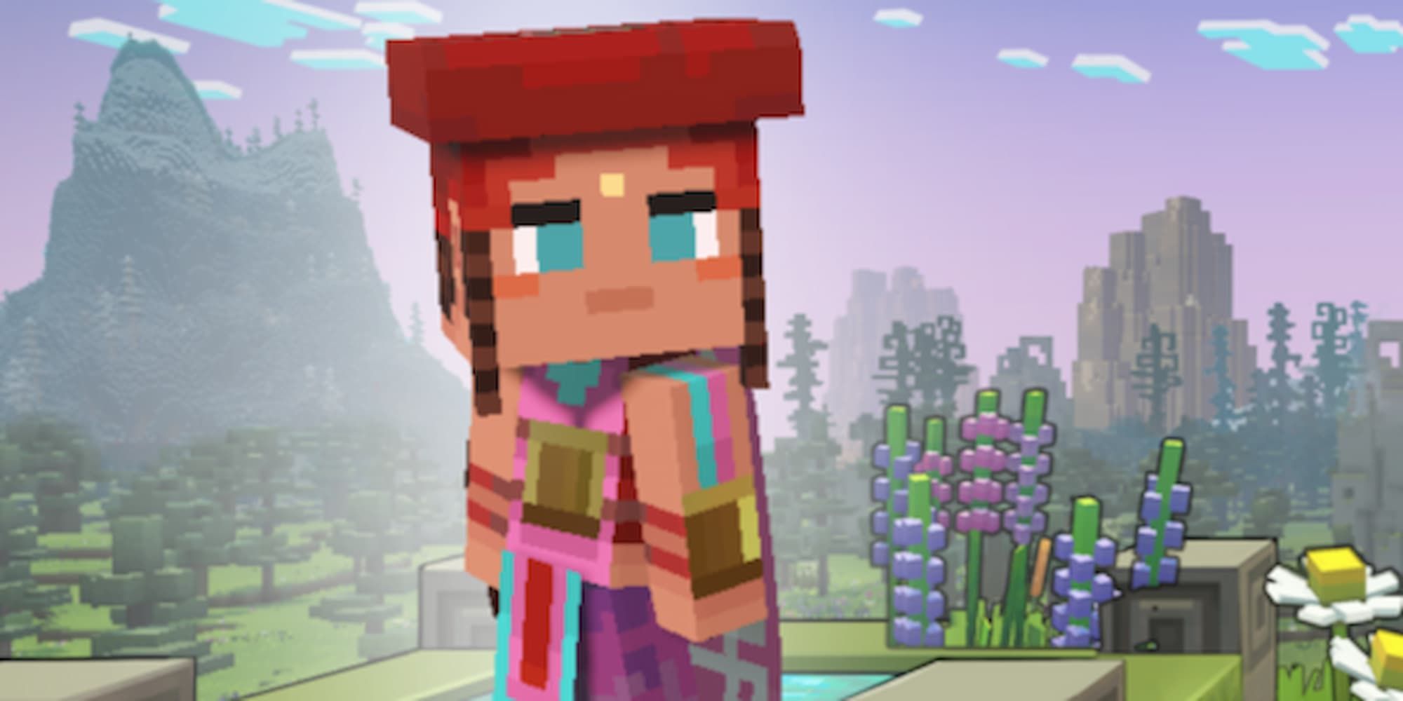 The red-themed hero in Minecraft legends stands with a red hat, brown hair, a golden dot on her forehead, and a purple and blue outfit.