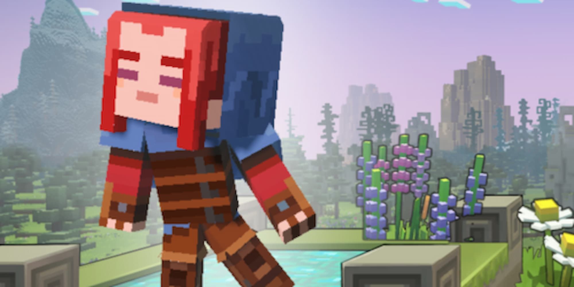 The red-haired Minecraft Legends hero has a blue hood and brown leather attire while standing above the pool and looking to her right.