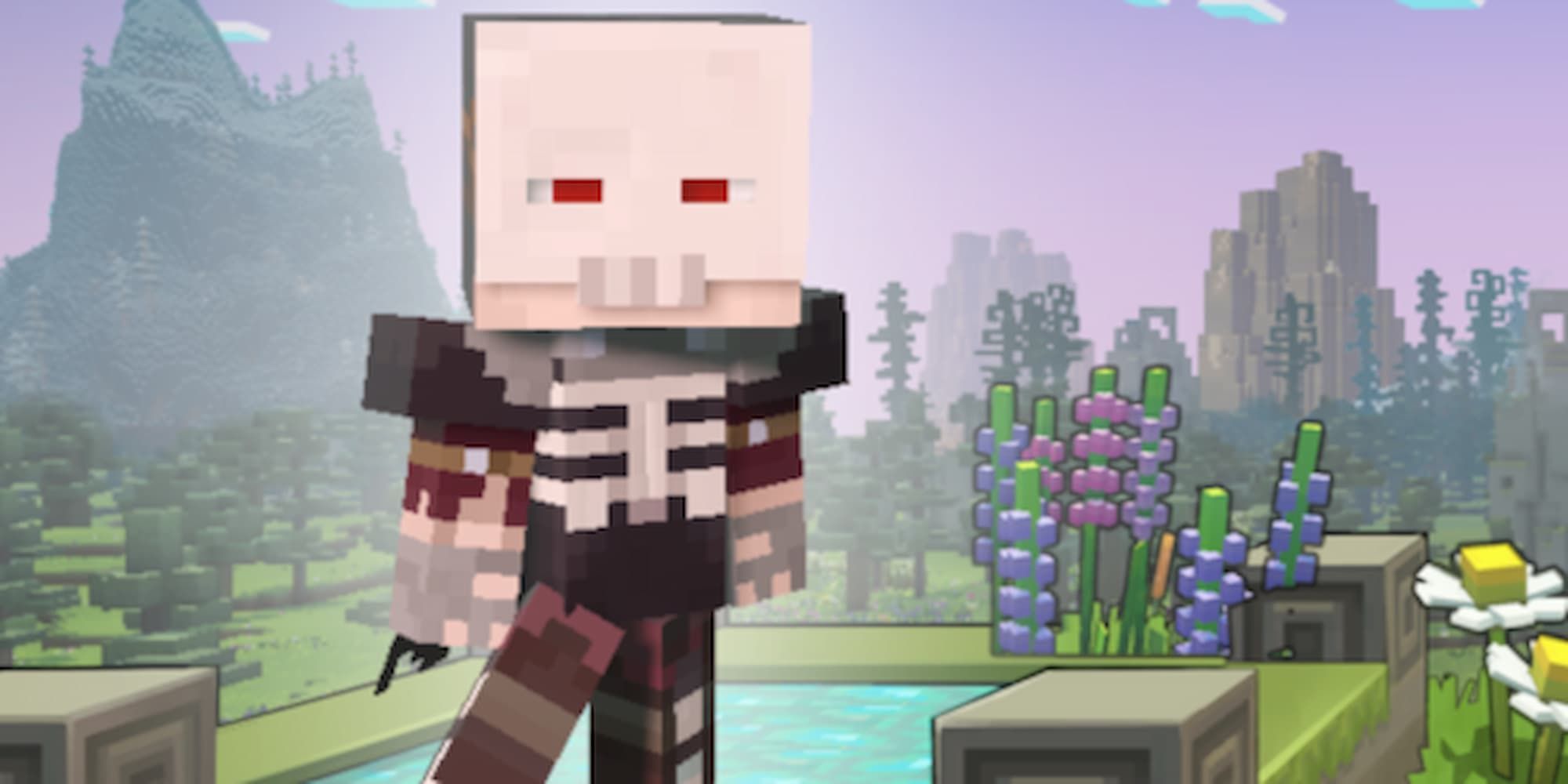 The skeleton-themed Minecraft Legends hero has dark armor, red eyes, a skeletal helmet, and white skeleton ribs adorning the front of its chest.