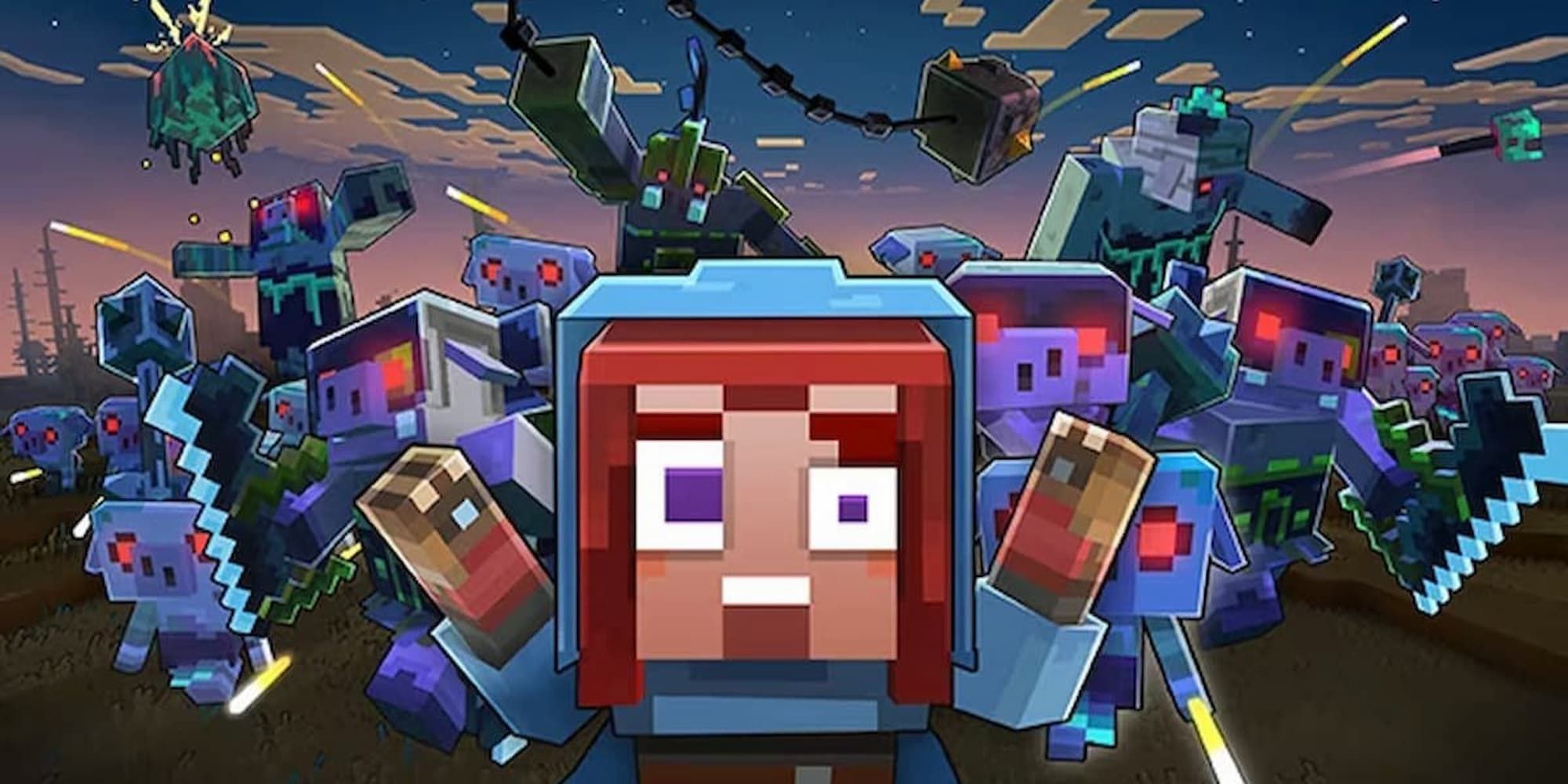 The cover image for The Portal Pile Lost Legend in Minecraft Legends has a hero frantically running from a wave of piglins.