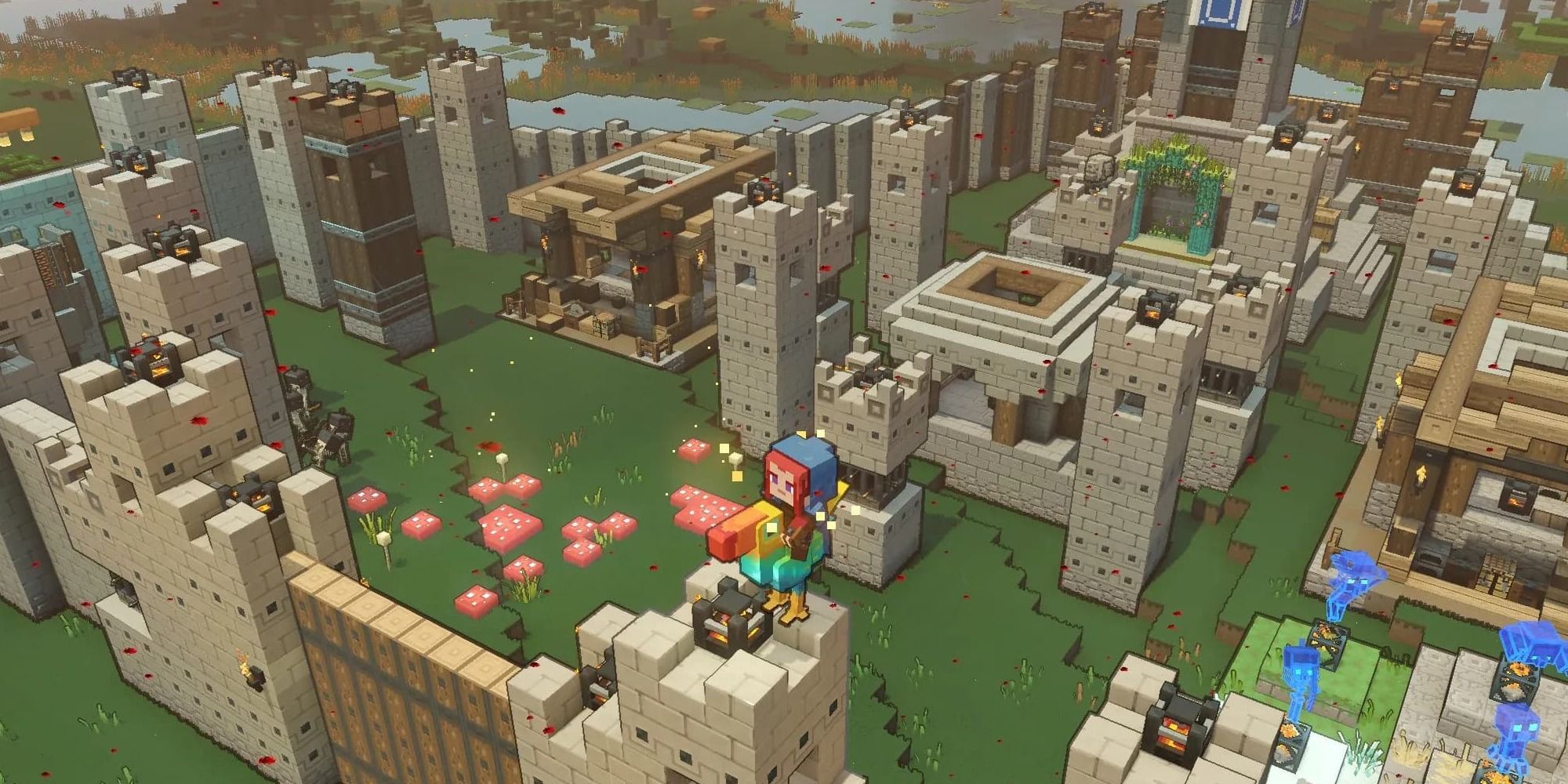 A hero stands on the wall of their massive fort in a Minecraft Legends training session.