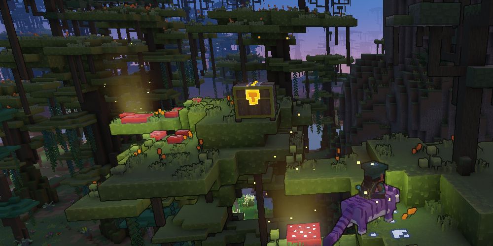 a chest in a tree, with bouncecaps nearby, in minecraft legends