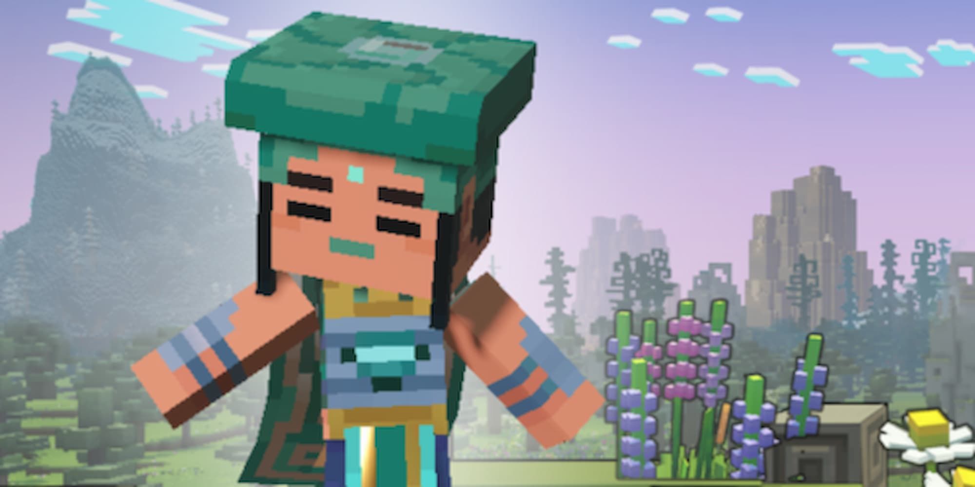 The Minecraft Legends hero stands at the selection screen with a turquoise hat and clothing, including a blue dot on her forehead.