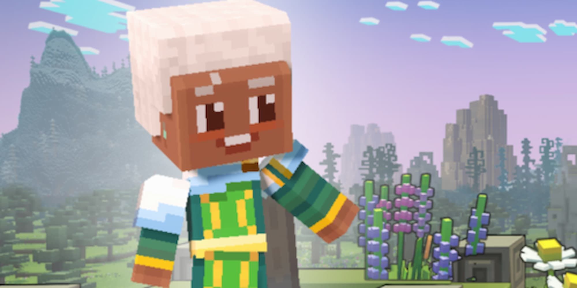 The white-haired hero in Minecraft Legends has an open-mouthed smile while looking down to their left.