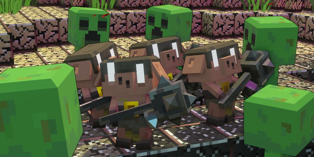 creepers surround a group of piglins in minecraft legends
