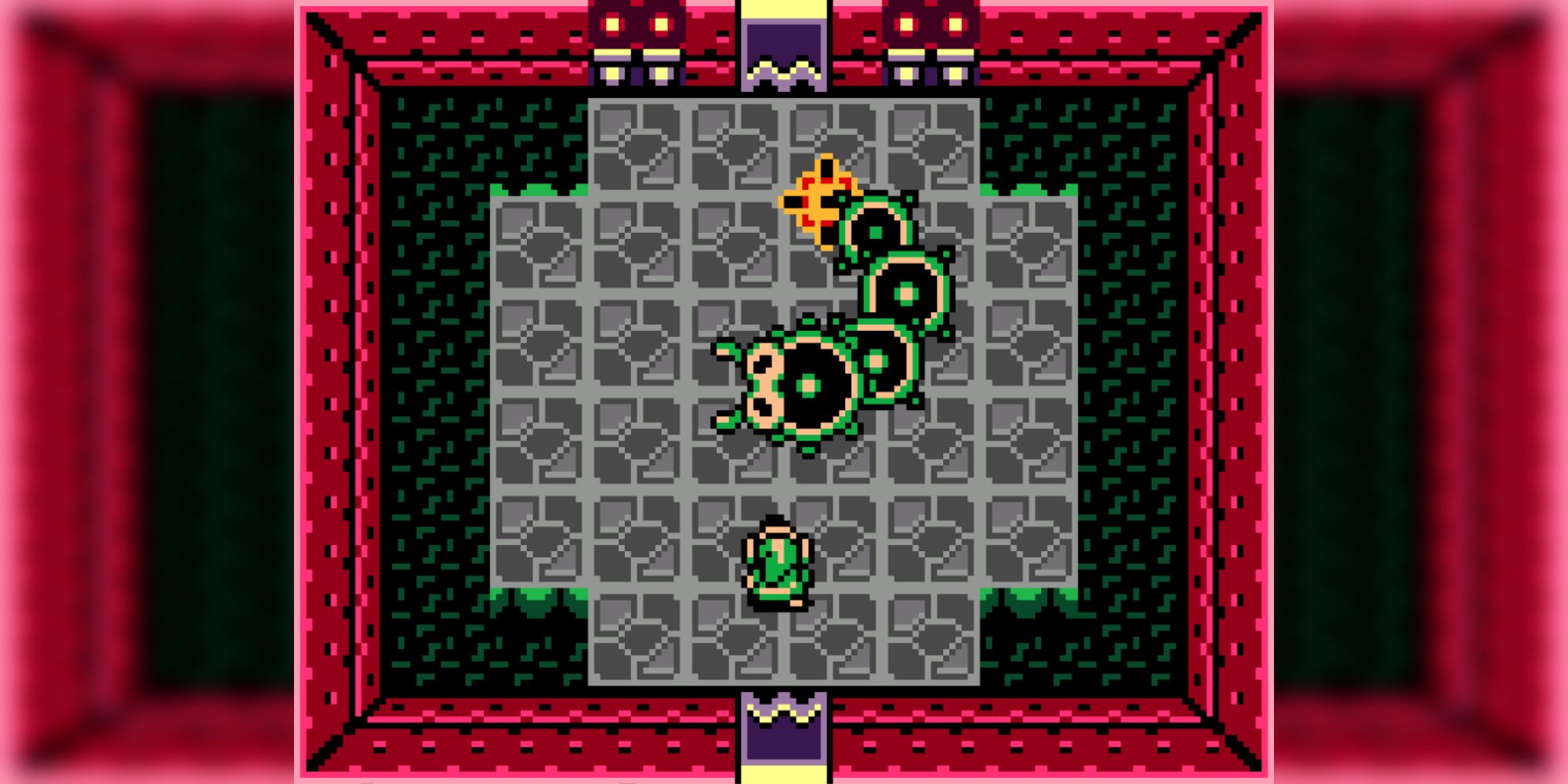 A screenshot of the Moldorm boss from The Legend of Zelda: Link's Awakening