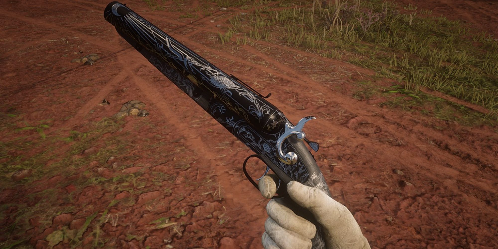 A image of an engraved shotgun from Red Dead Redemption 2, decorated with a mod that adds more metal engravings. 