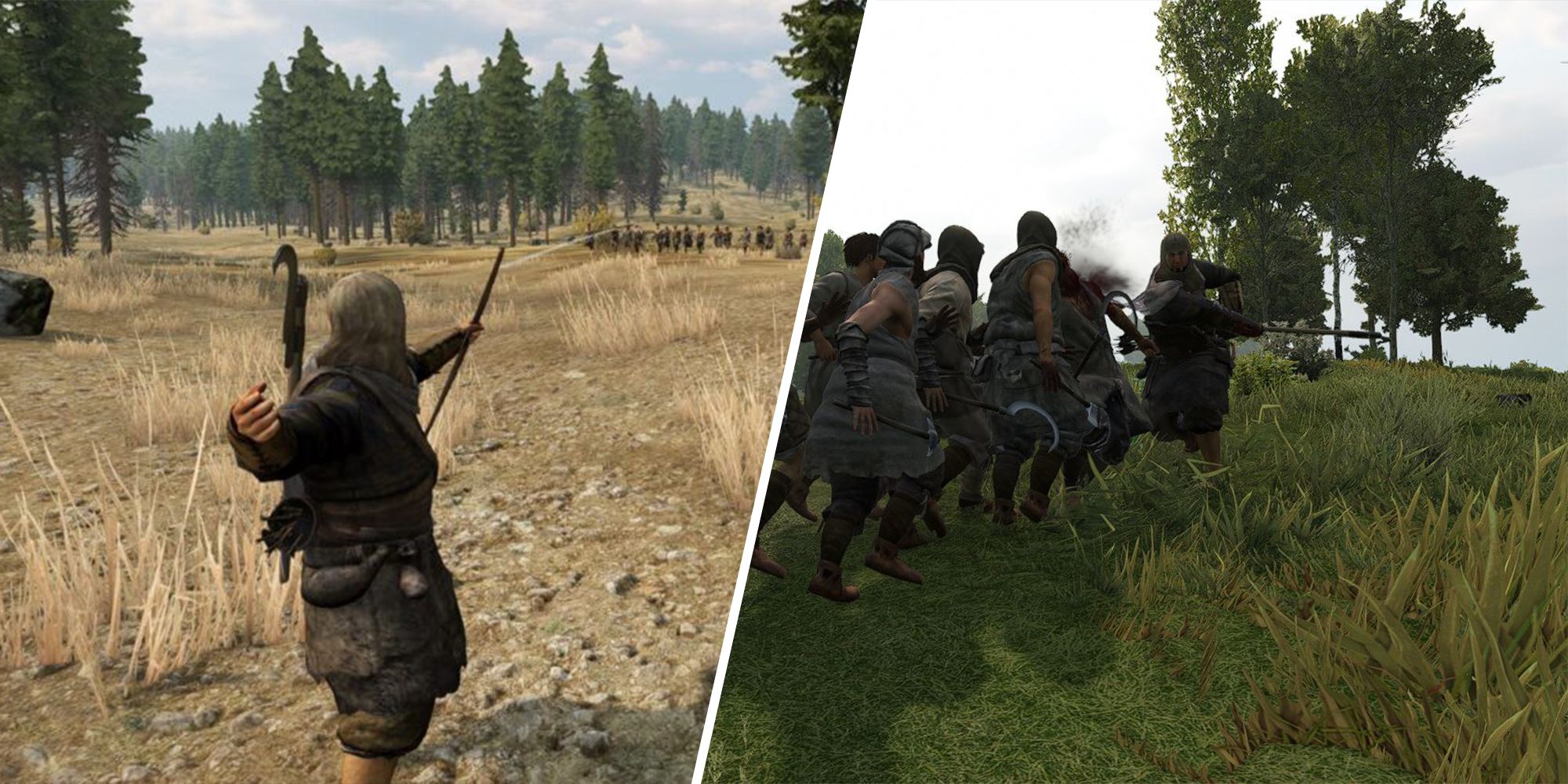 Split image of an archer, and a warrior fighting a group of bandits.