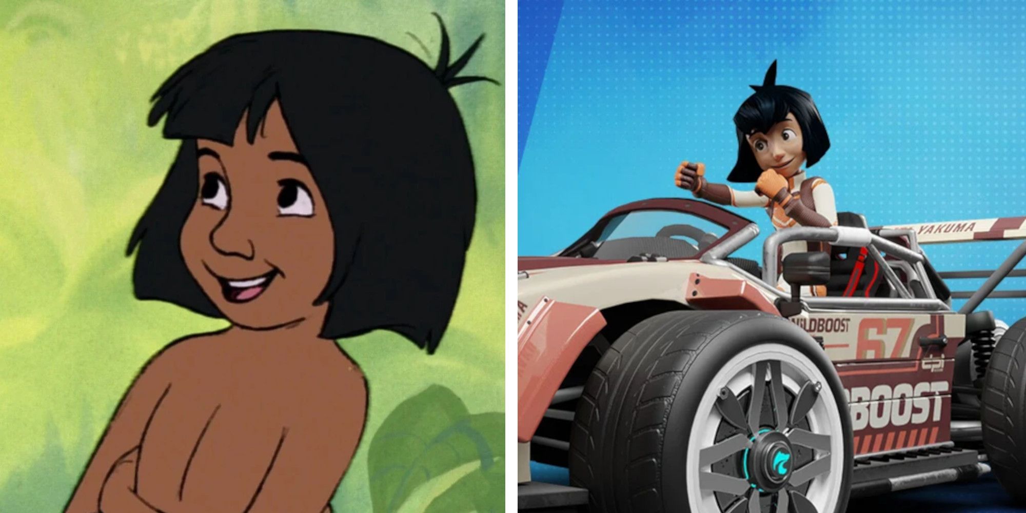 Two images of Mowgli. One from The Jungle Book, the other from Disney Speedstorm.