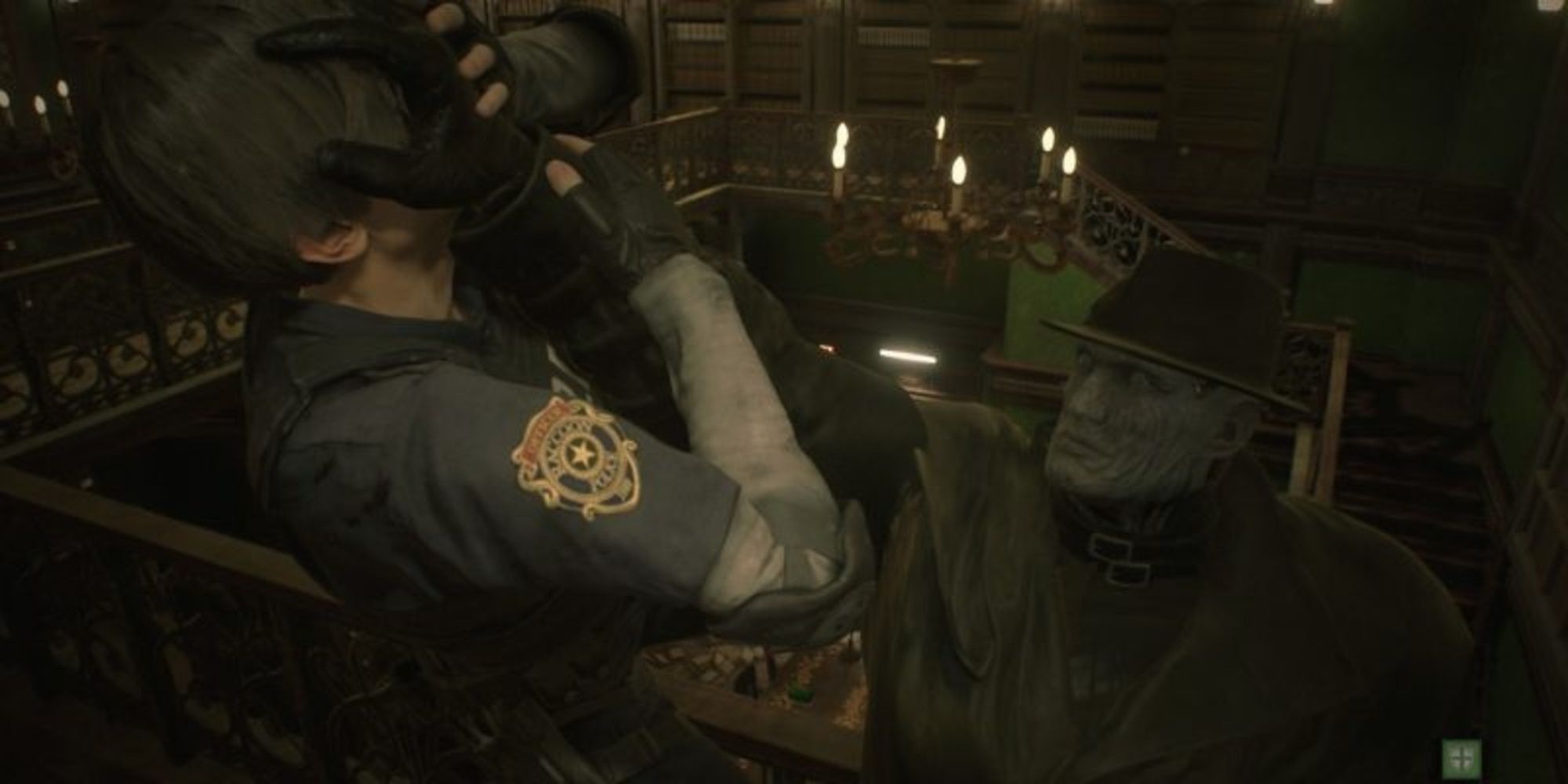 Mr X grabs Leon in Resident Evil 2