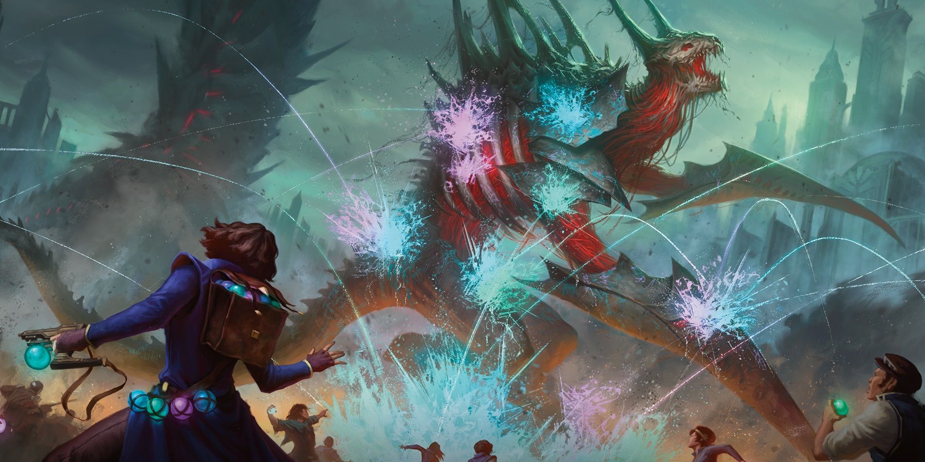 Errant fighting against large Phyrexian in Magic The Gathering.