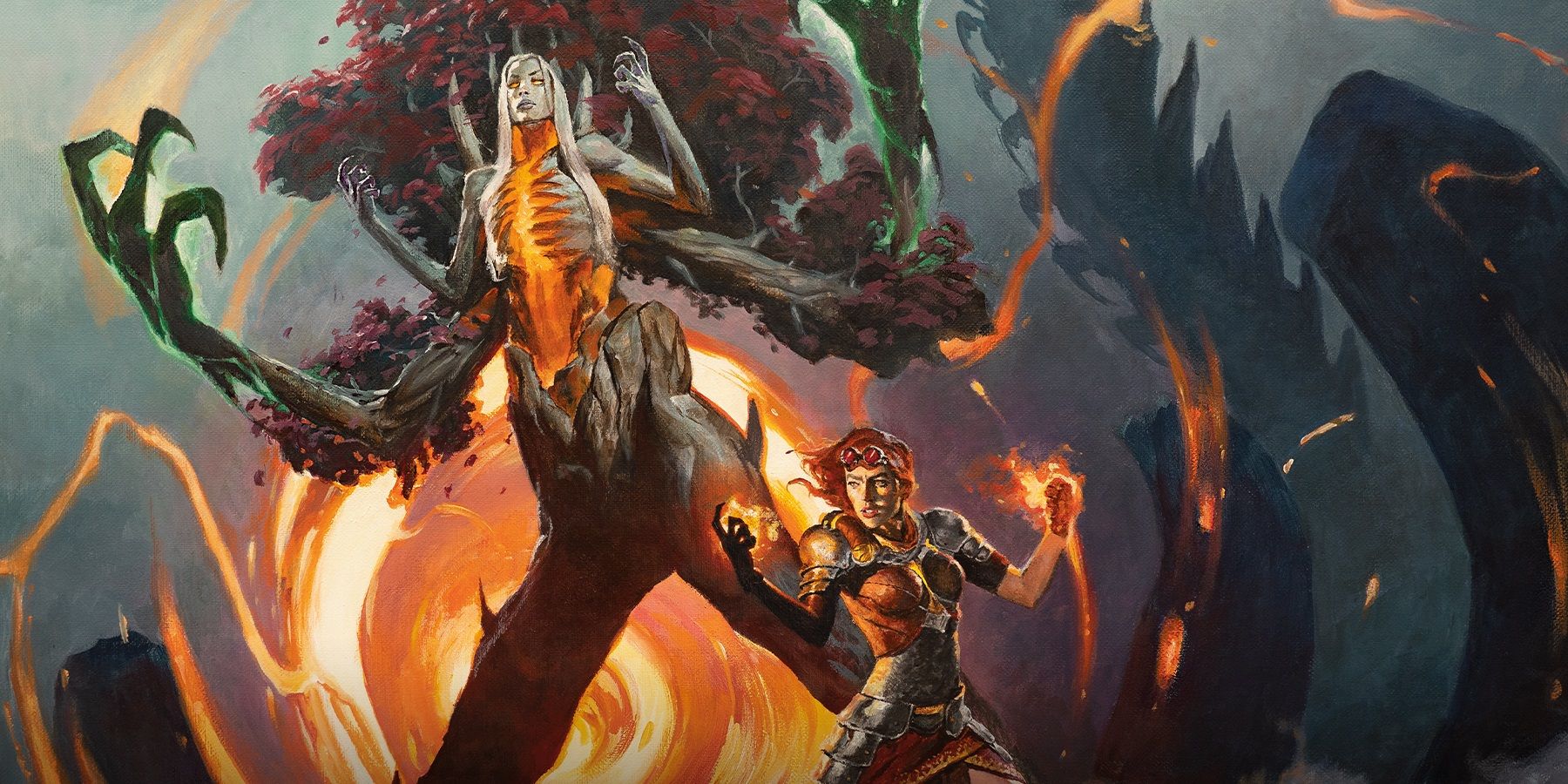 Chandra and Wrenn entering New Phyrexia in Magic The Gathering.