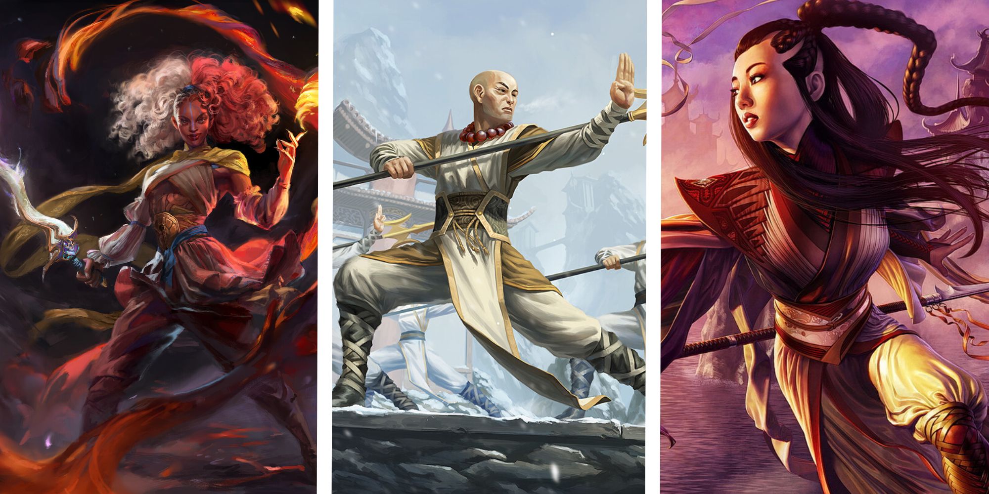 Collage of Aisha of Sparks and Smoke, Monastery Mentor, and Monastery Swiftspear in Magic: The Gathering.