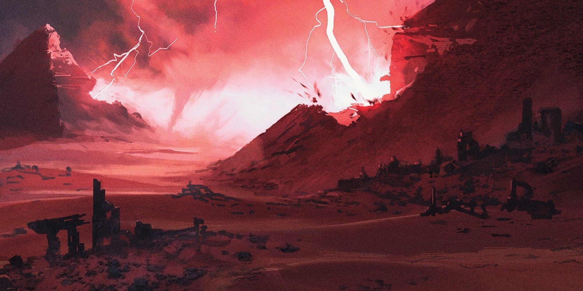 Two pyramids in a desert being struck by red lightning bolts.