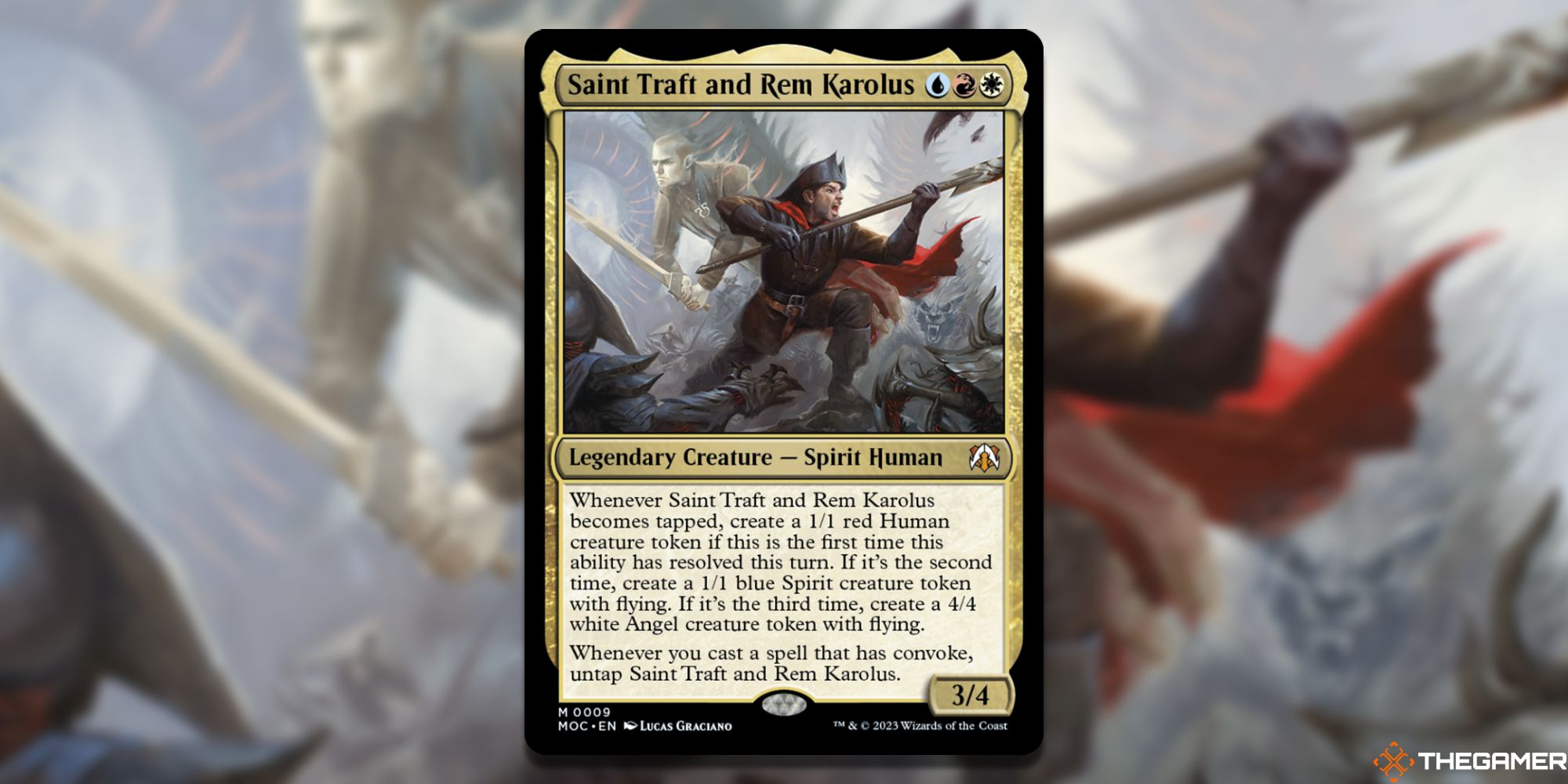 Image of the Saint Traft and Rem Karolus card in Magic: The Gathering, with art by Lucas Graciano