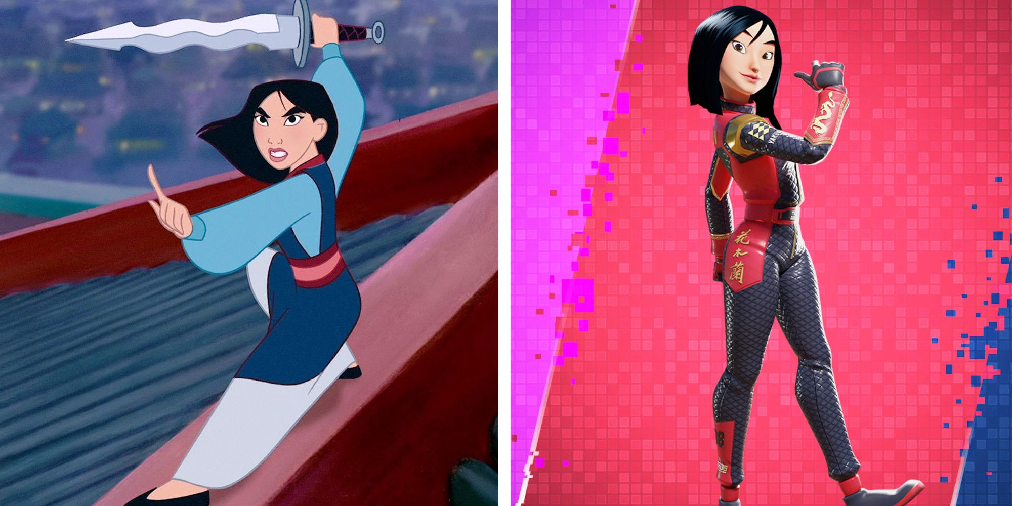 Two images of Mulan. One from the movie, and one from Disney Speedstorm.