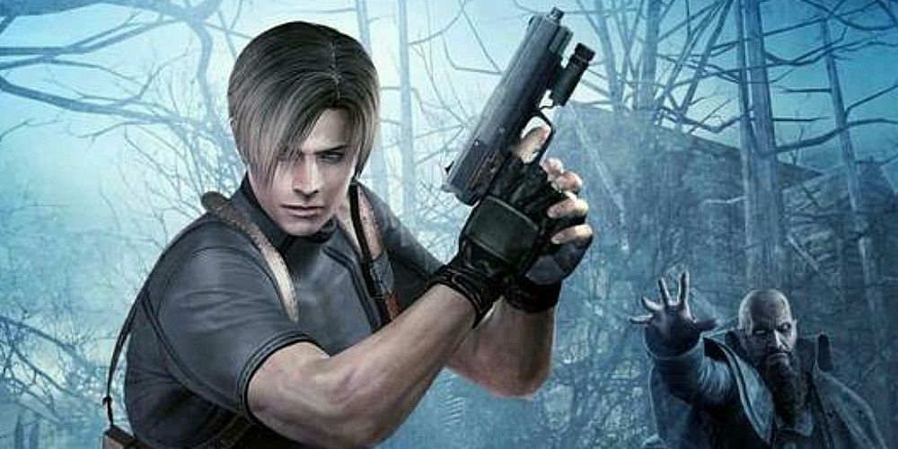 Leon posing with a gun while Chief Mendez reaches for him in the Resident Evil 4 video game