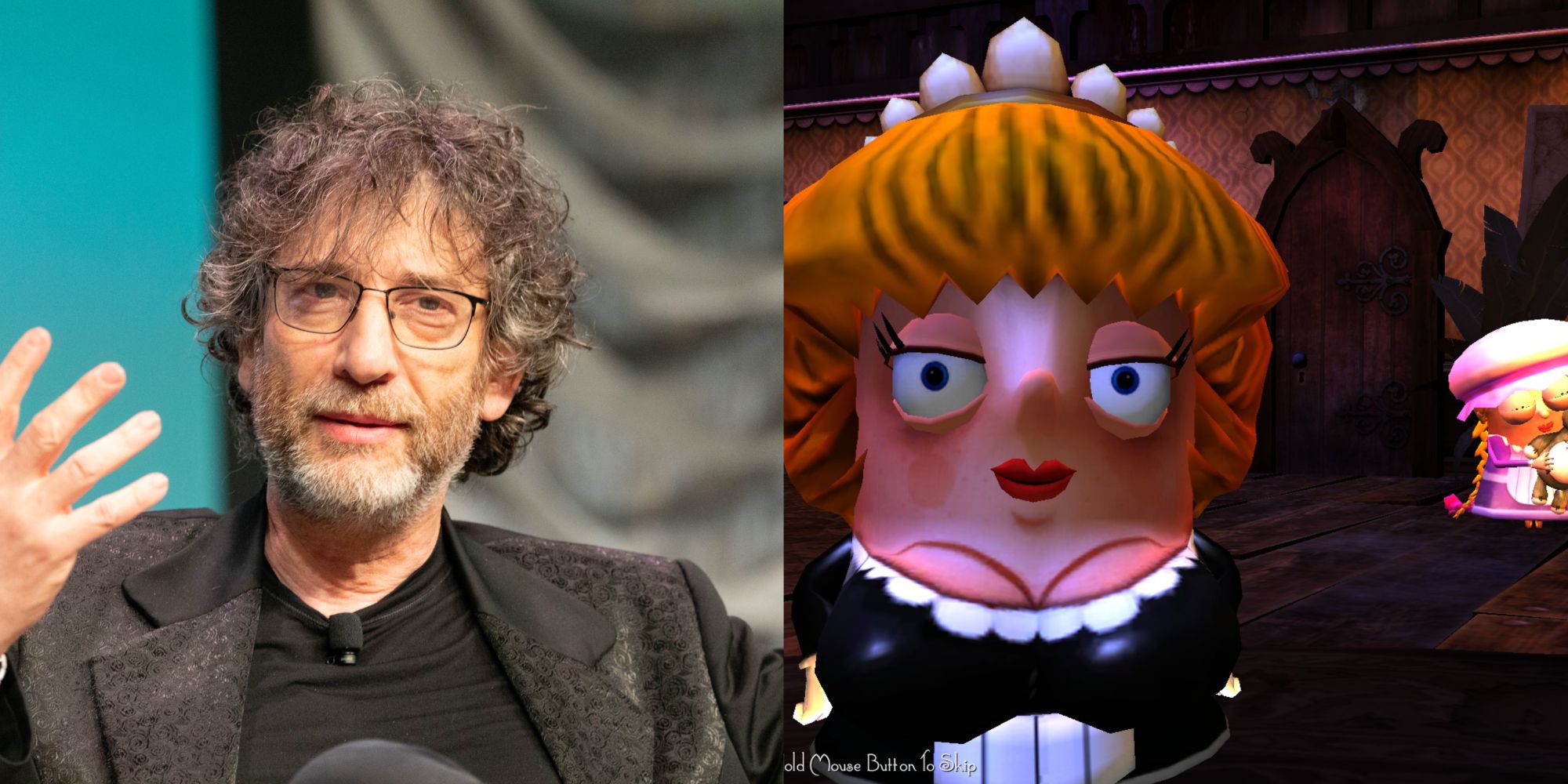 Collage of Neil Gaiman and a Wayward Manor character.