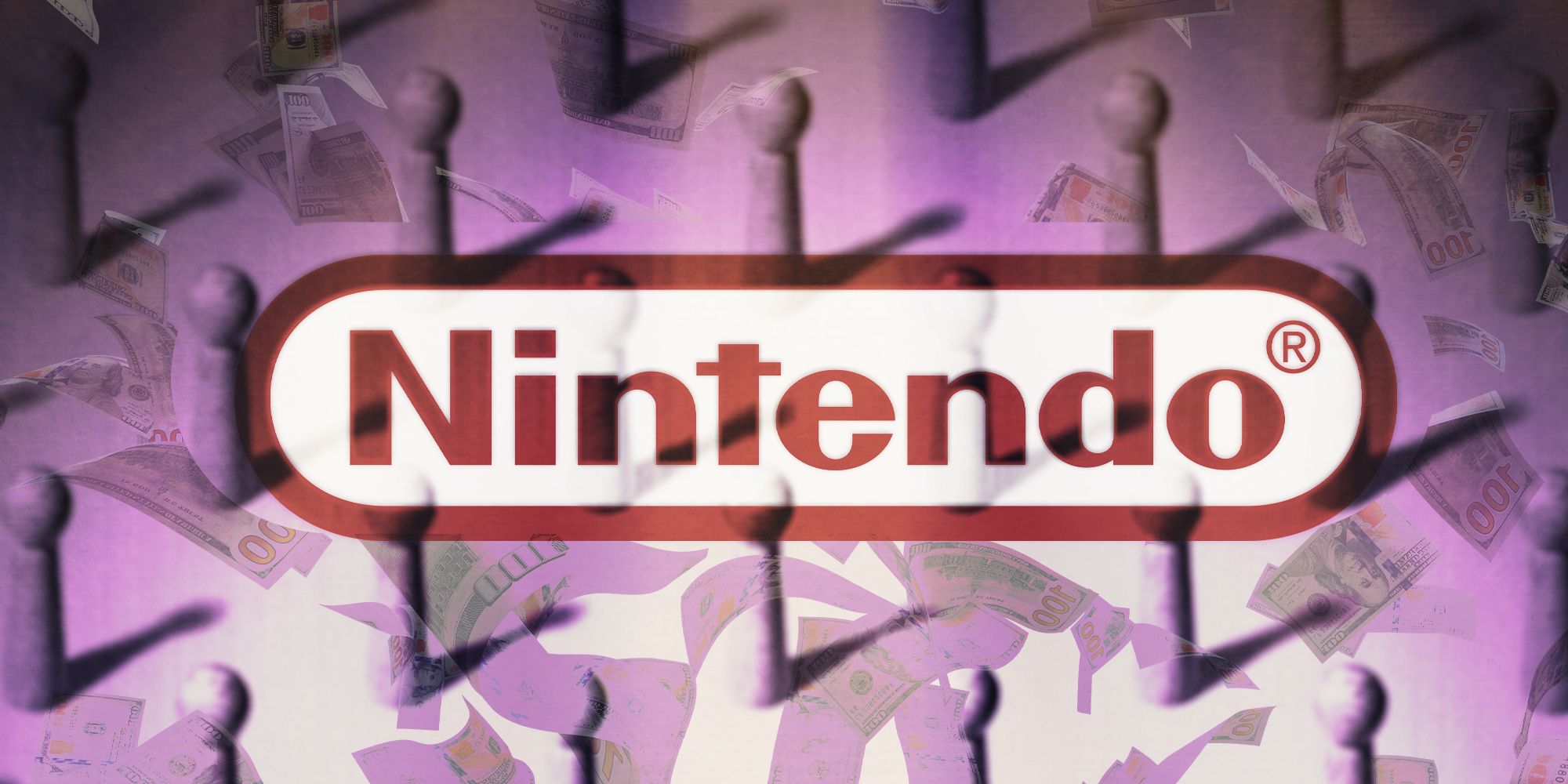 Nintendo logo in front of round pegs and money