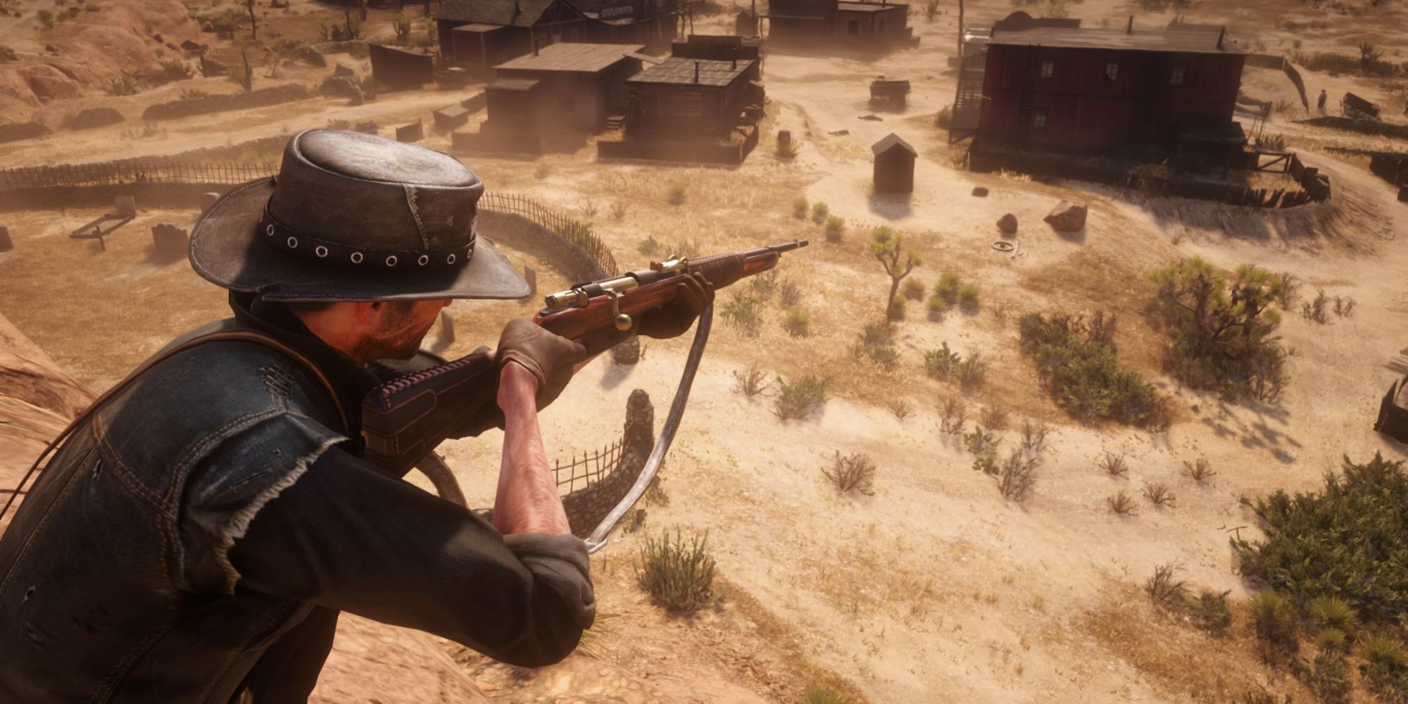 An image of Arthur Morgan aiming a rifle with no scope, a mod in Red Dead Redemption 2