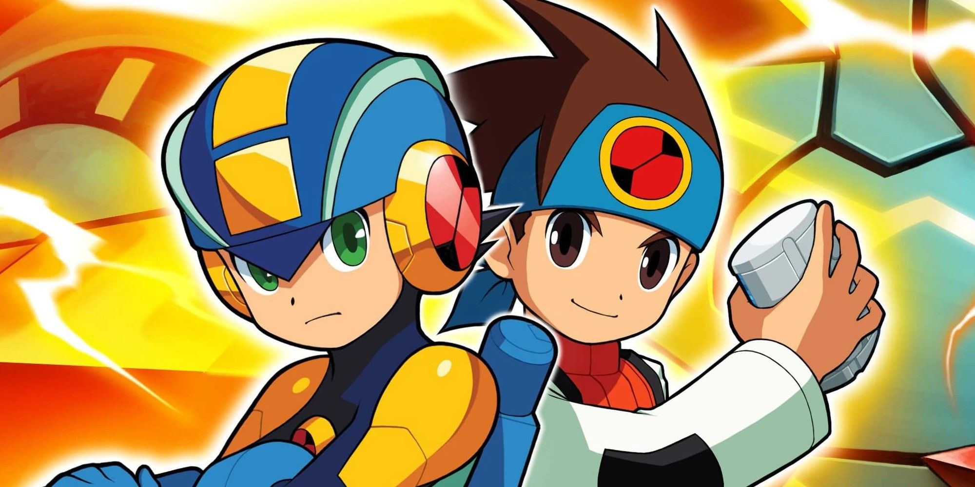 Mega Man and Land stand back to back