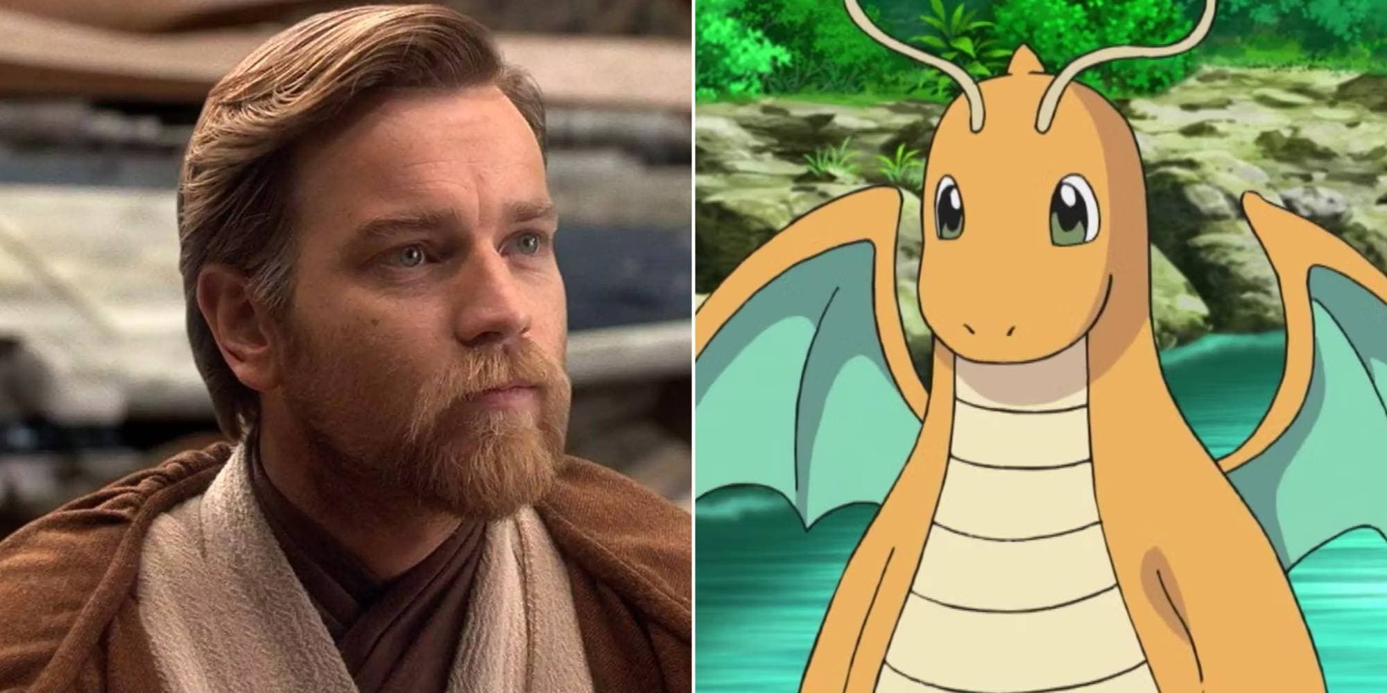 Obi-Wan Kenobi has a somber look before he leaves Coruscant and Dragonite stands over a lake.