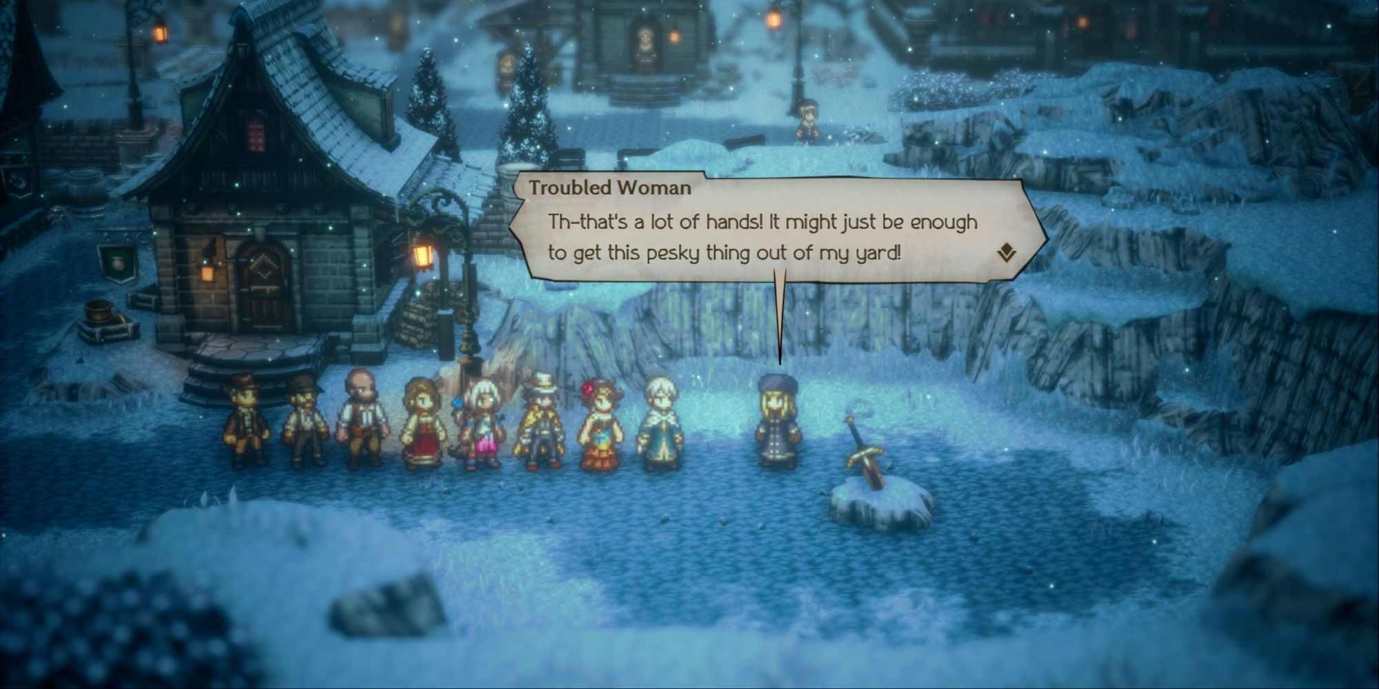 Octopath Traveler 2 - Using eight people to remove a sword from a stone