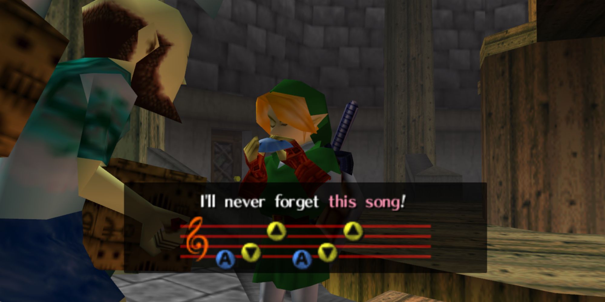 Link learning the Song of Storms in Ocarina of Time.