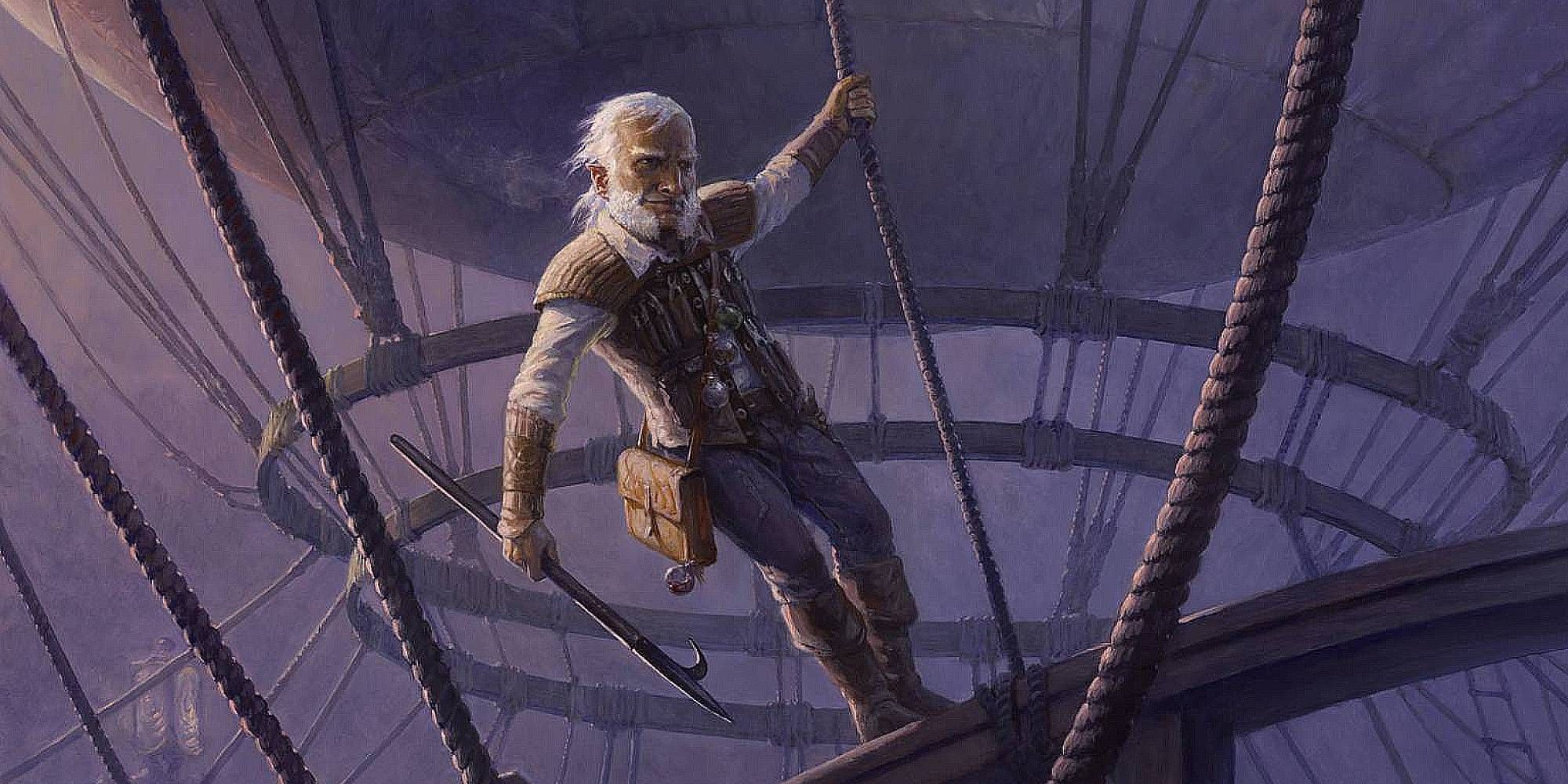 A man clutches on the rope of a ship 