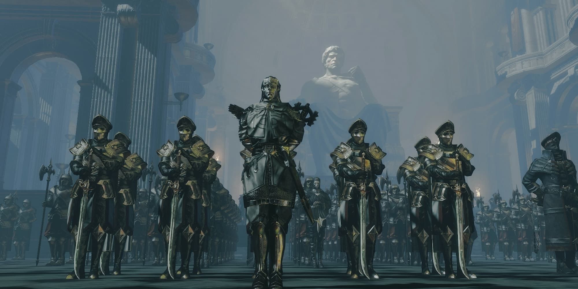An army of metallic soldiers stand at attention in Path of Exile.