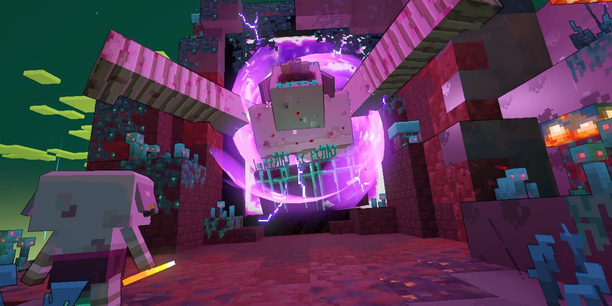A piglin boss emerges from a Nether portal in Minecraft Legends.