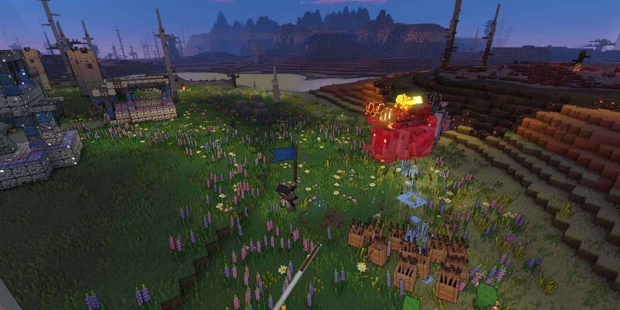 A hero commands multiple Plank Golems to attack a Lava Launcher in Minecraft Legends.