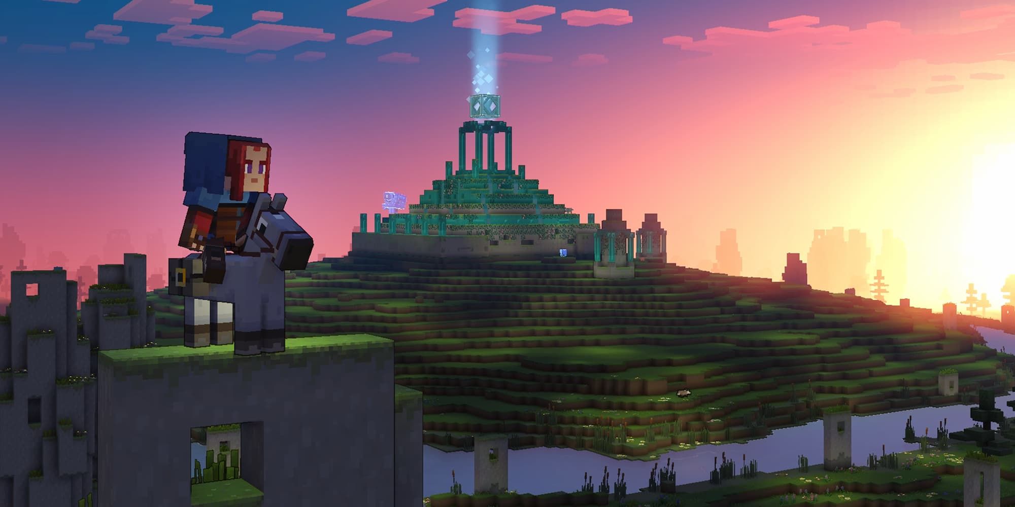 A hero stands on a stone structure with the Well of Fate in the background in Minecraft Legends.