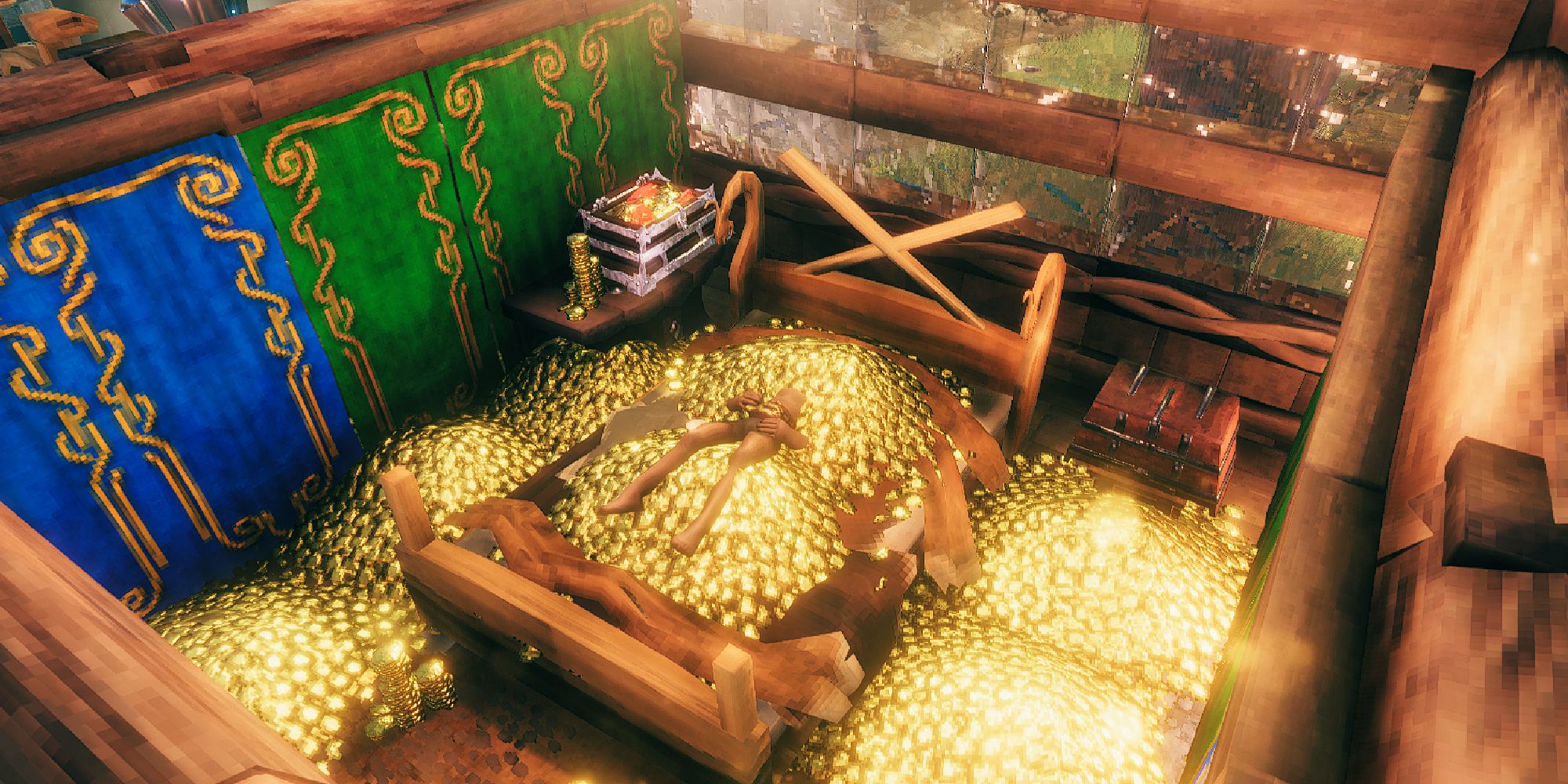 player lying on bed with coin stacks valheim