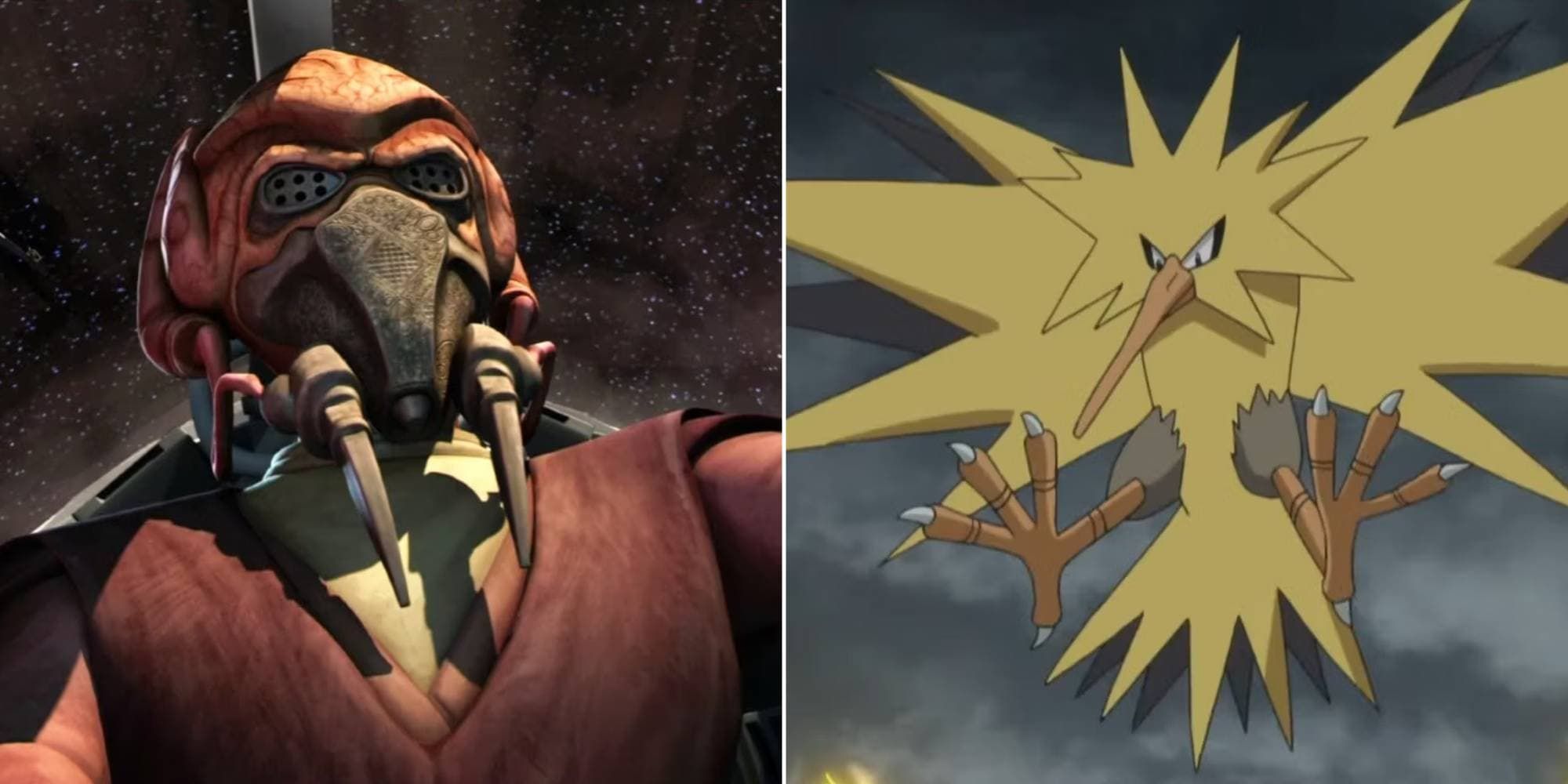 Plo Koon pilots a starship and Zapdos flaps its wings to create a wind attack.