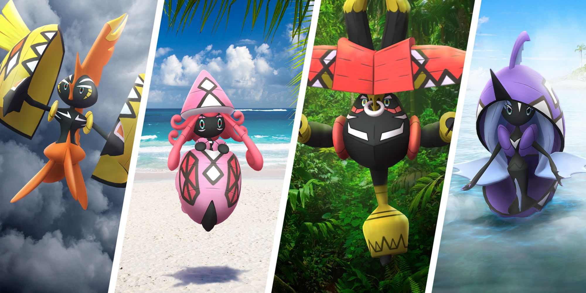 Split image of Tapu Koko, Tapu Lele, Tapu Bulu, and Tapu Fini from Pokemon