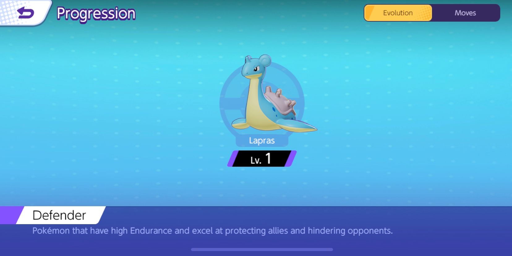 Lapras's progression screen from Pokemon Unite, showing that it has no evolutions