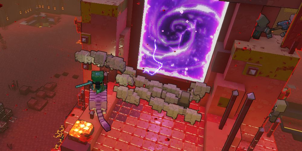 a group of cobblestone golems attack a nether portal in minecraft legends