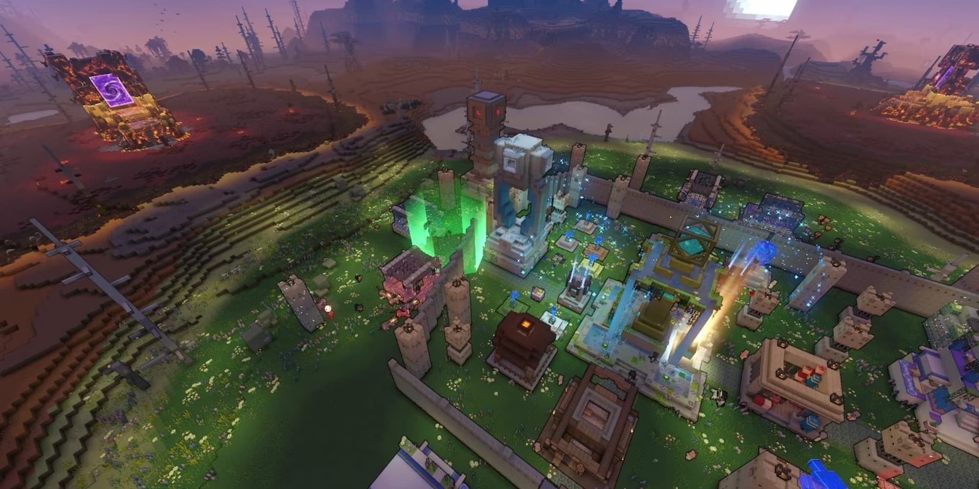 Various buildings and structures surround the Fountain and block piglins in Minecraft Legends.